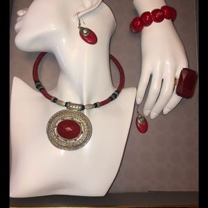 Red jasper and silver tone choker